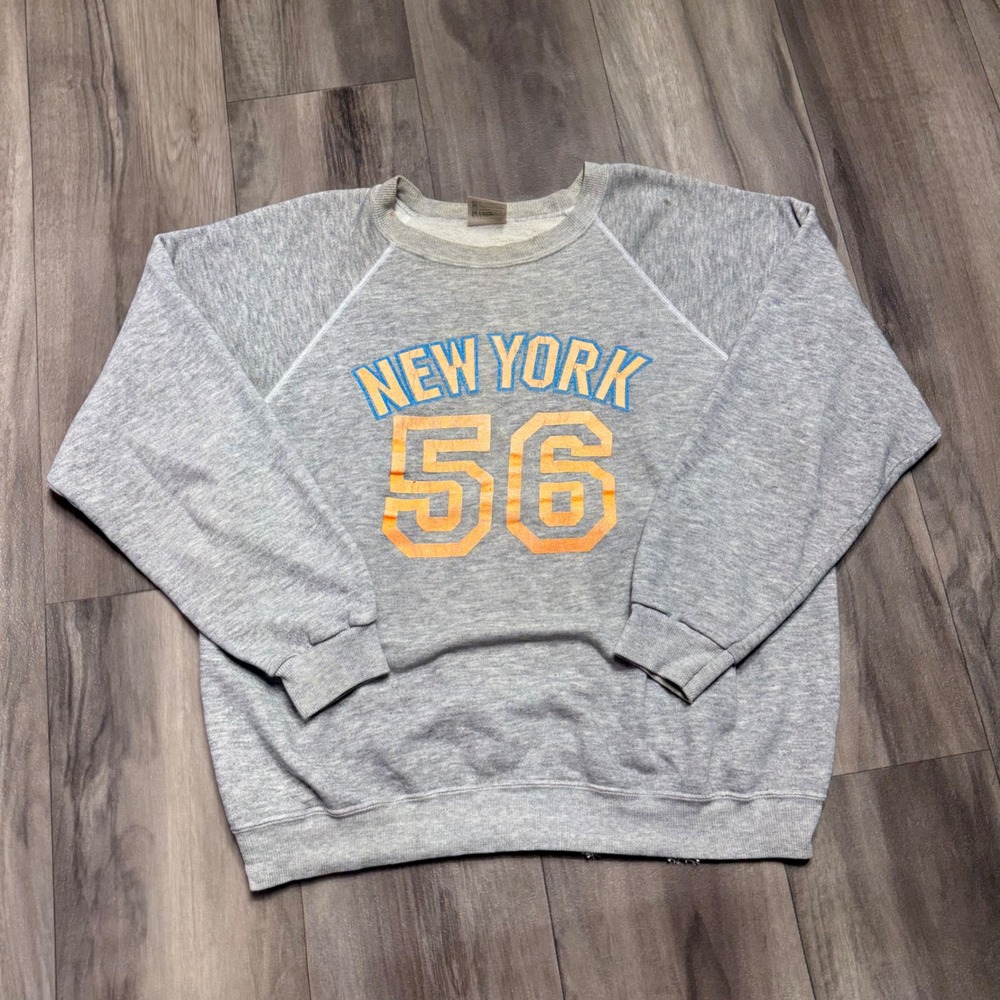 Vintage 80s Hanes New York 56 Raglan Sweatshirt Gray XL Made in USA Distressed
